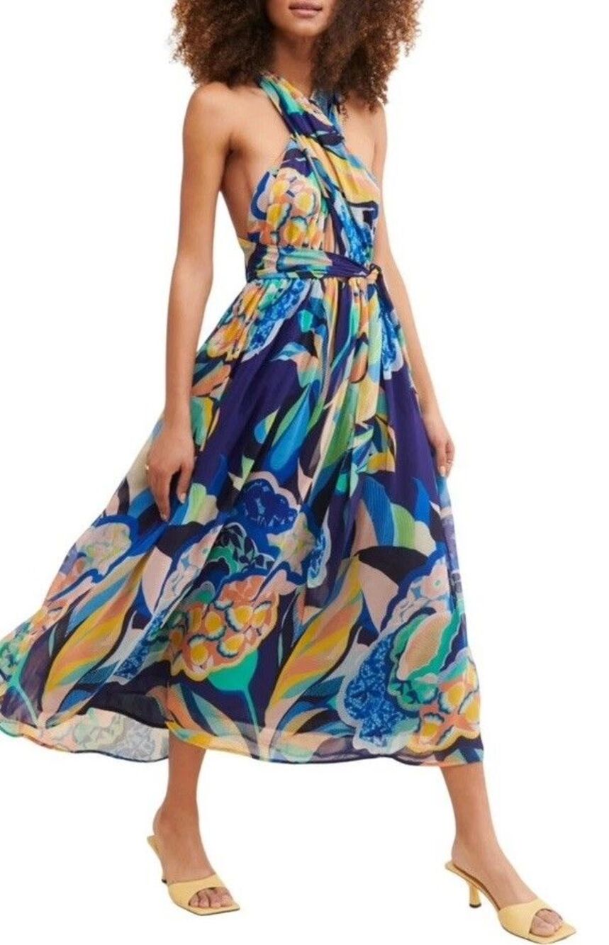 Alexandra Farmer Anthropologie Floral Halter Maxi Dress Cutout Open Back  blue